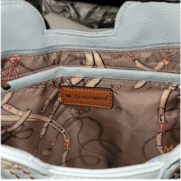 NWT Montana West Tote Bag Top Handle Oversized Handbag Light Blue Brown Piping - Picture 8 of 14